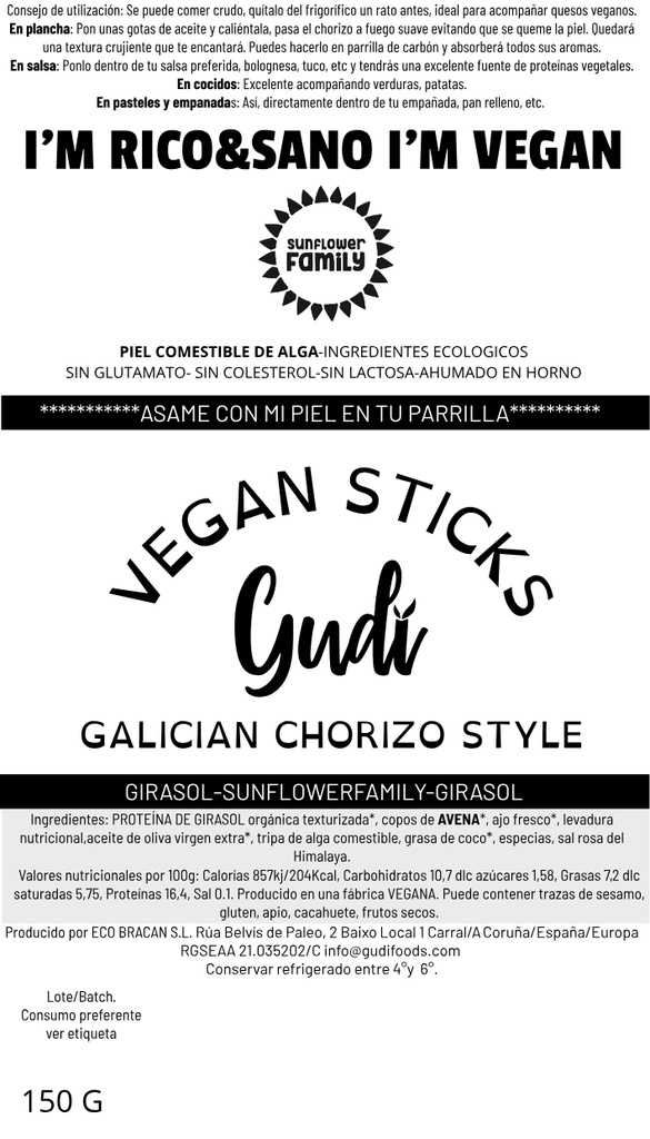 GUDI CHORIZO de Girasol texturizado Vegan Sticks 150g BIO